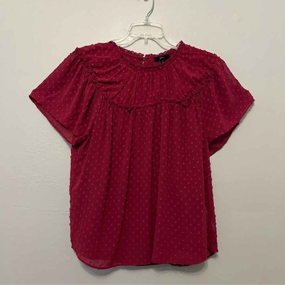 J Crew‎ Gathered Bib Top in Drapey Swiss Dot Berry  Wine ruffle lage